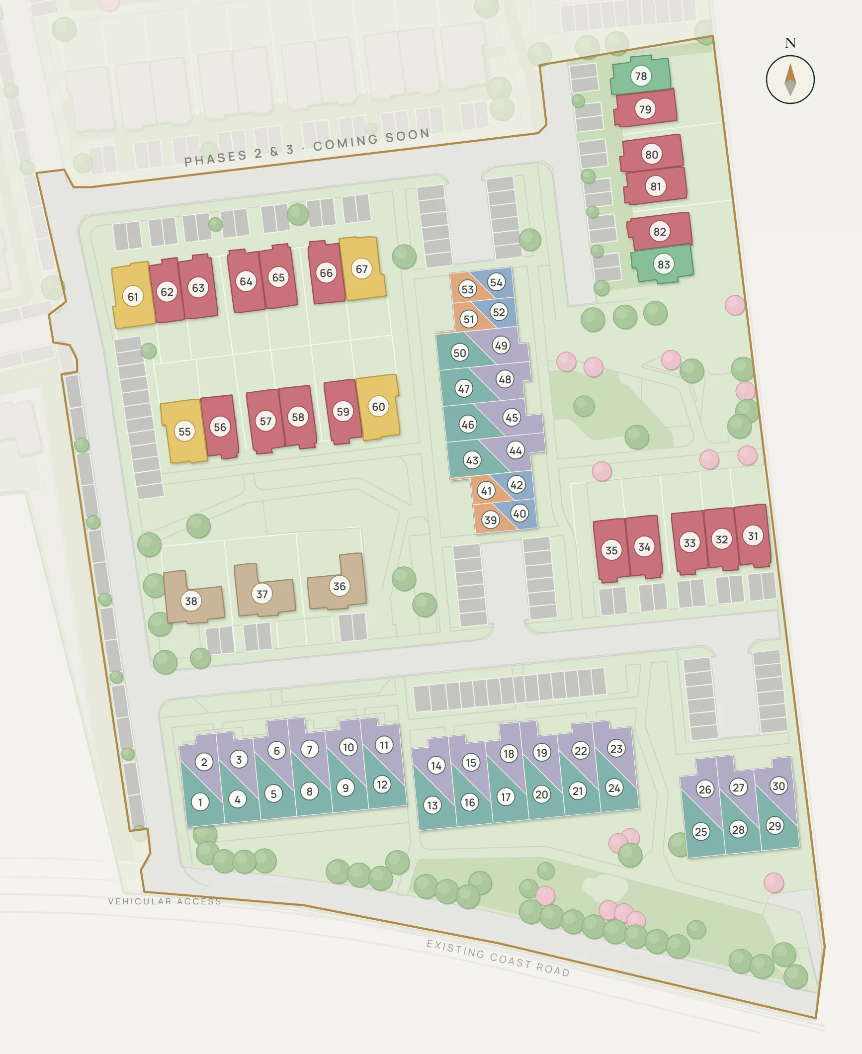 Phase 1 site plan of Garrán Beithe: homes coloured by house type and numbered by plot inside the gold Phase 1 boundary